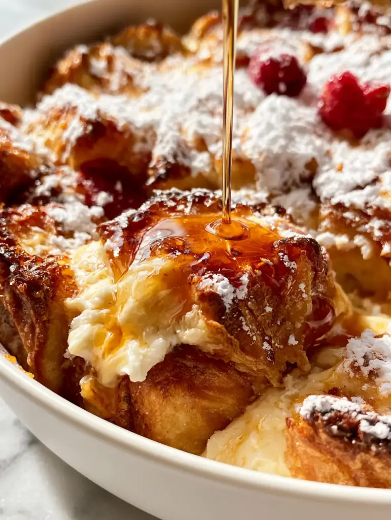 Golden brown brioche chunks in a Cream cheese French toast casserole with fresh raspberries.