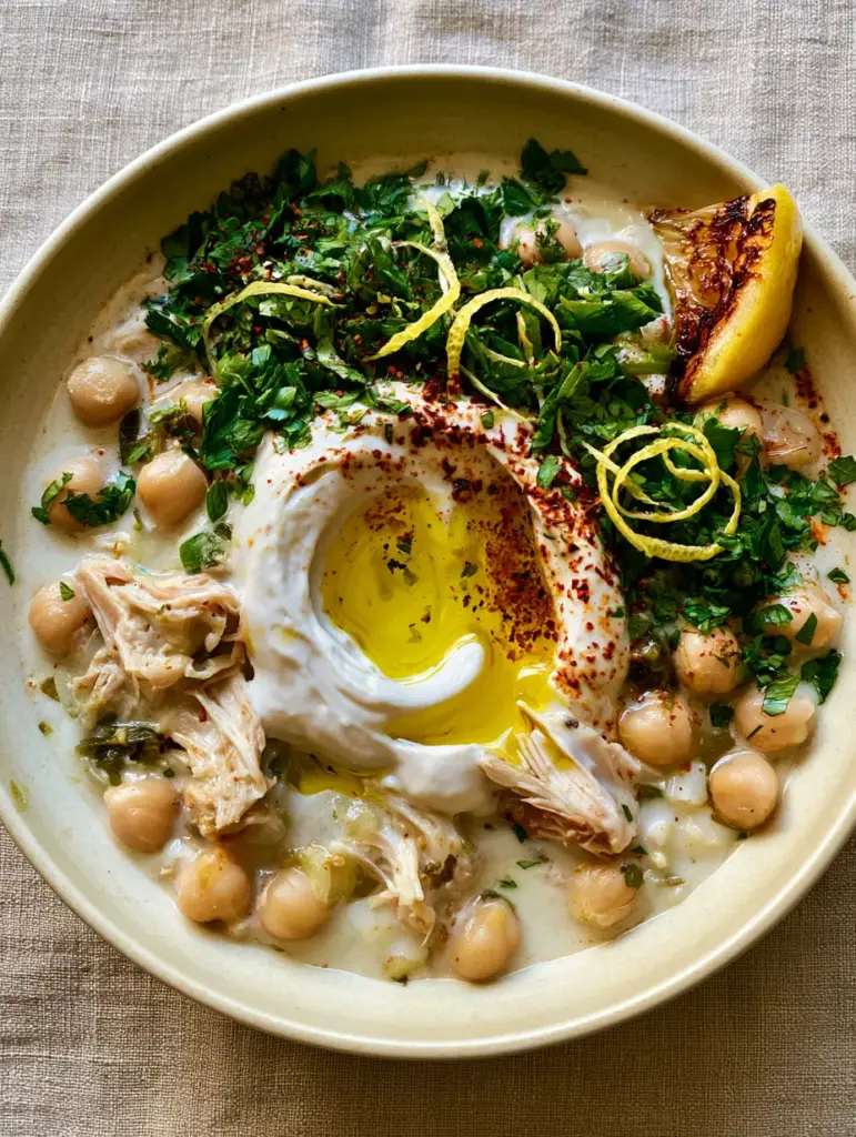 Mediterranean White Chicken Chili (Velvety & Dairy-Free) 2 A top-down smartphone photo of Mediterranean White Chicken Chili in a ceramic bowl featuring plump chickpeas and vibrant green garnishes.
