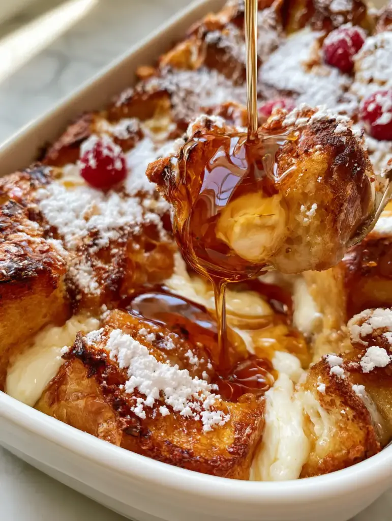 Cream cheese French toast casserole with Brioche and Raspberries 1 A scoop of Cream cheese French toast casserole showing melted cream cheese pockets and maple drizzle.