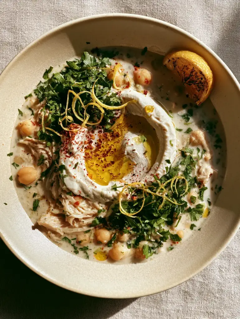 Mediterranean White Chicken Chili (Velvety & Dairy-Free) 1 Detailed view of Mediterranean White Chicken Chili garnishes including Aleppo pepper flakes and lemon zest curls.