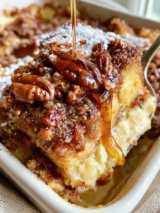 A serving spoon lifting a thick, steaming square of Pioneer Woman French toast casserole showing the pale yellow egg custard center.