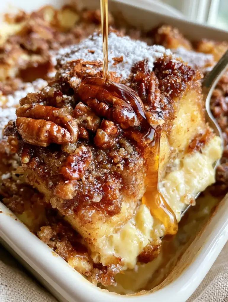 A serving spoon lifting a thick, steaming square of Pioneer Woman French toast casserole showing the pale yellow egg custard center.