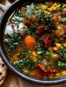Overhead shot of easy vegetable soup showing oil droplets and al dente carrots in a matte black bowl.