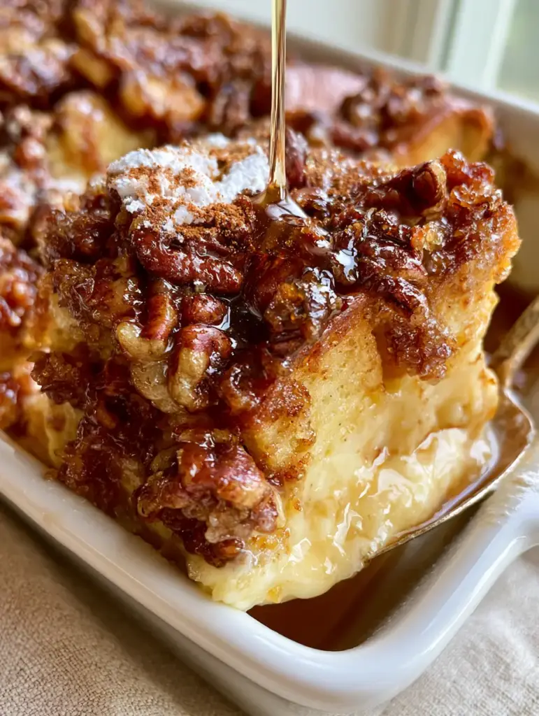 Pioneer Woman French Toast Casserole with Pecan Praline Topping 1 A 45-degree angle close-up of bubbling caramelized brown sugar and glistening pecans on a French toast casserole.