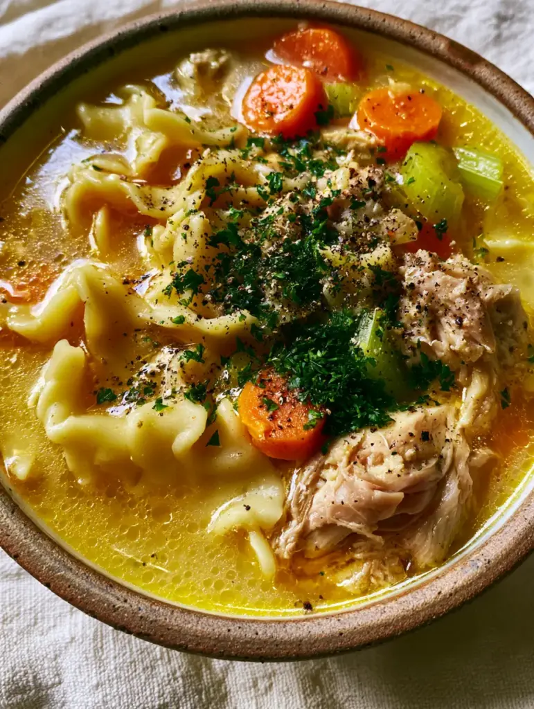 Macro view of thick wavy egg noodles and moist shredded chicken in a golden broth for chicken noodle soup.