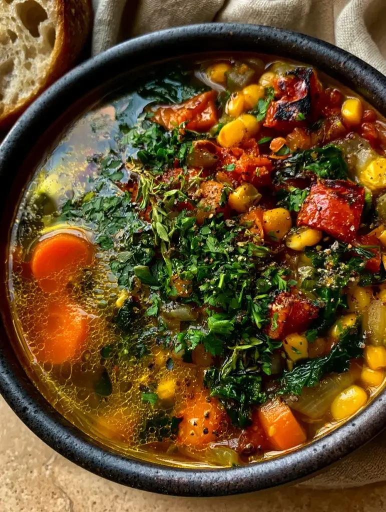 Easy Vegetable Soup with Golden Broth and Fire-Roasted Tomatoes 1 Close up of vibrant kale ribbons and fire-roasted tomatoes in an easy vegetable soup.