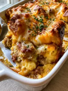 Close up of seared sausage crumbles and melted sharp cheddar in a sausage cheese strata.