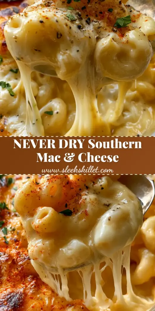 Southern Mac and Cheese: The Ultimate Baked Comfort Food 3 A large silver spoon lifting a portion of Southern Mac and Cheese from a white ceramic dish, showing thick mozzarella cheese pulls and a charred golden crust.