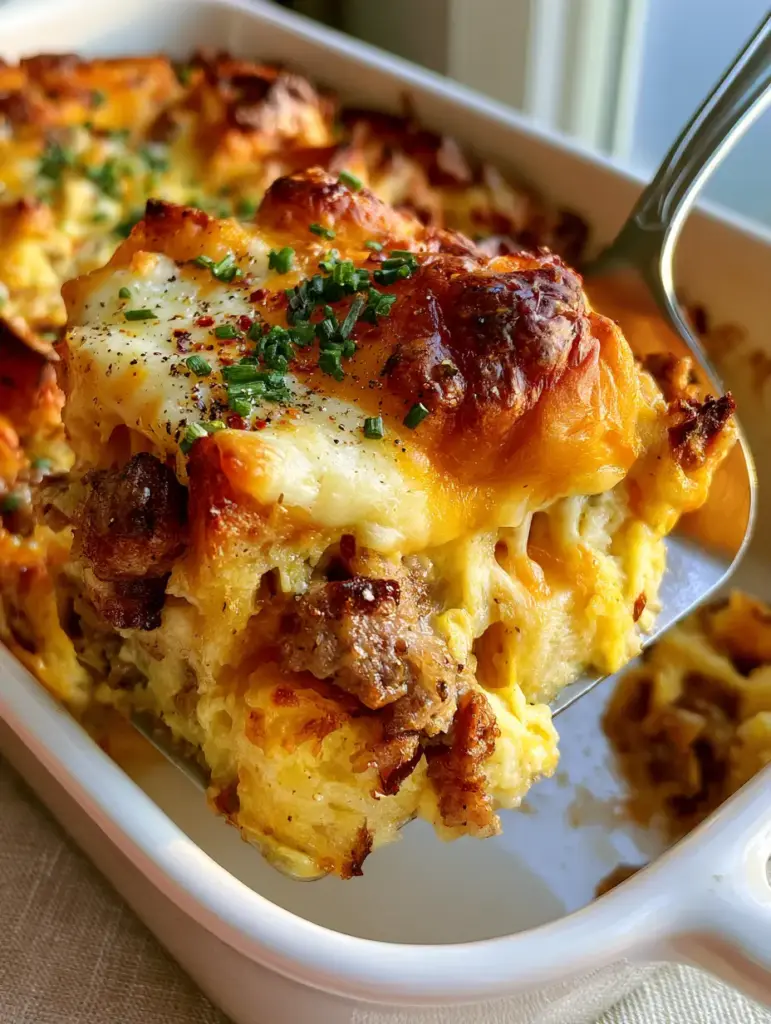 Overhead view of a baked sausage cheese strata with charred sourdough edges and fresh chives.