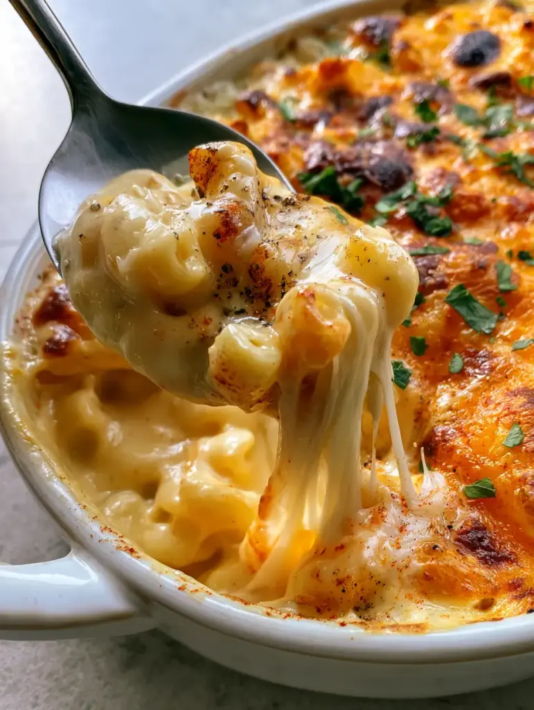 Southern Mac and Cheese: The Ultimate Baked Comfort Food 1 A close-up view of velvety custard-based cheese sauce coating elbow macaroni with fresh parsley garnish.
