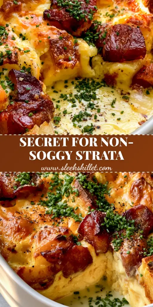 Cheese and Bacon Strata with Sourdough and Gruyère 4 A close-up of a golden-brown Cheese and bacon strata in a white ceramic dish with crispy sourdough and melted cheese.
