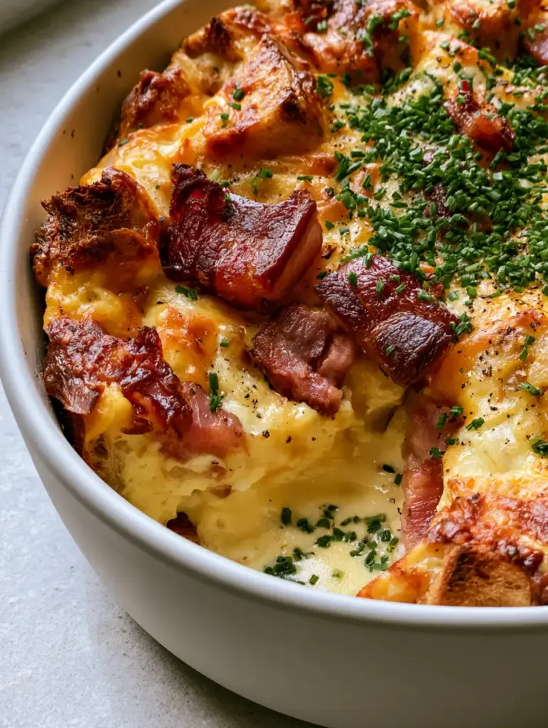 Overhead view of a Cheese and bacon strata showing bubbling cheddar and gruyere with crispy bacon bits.