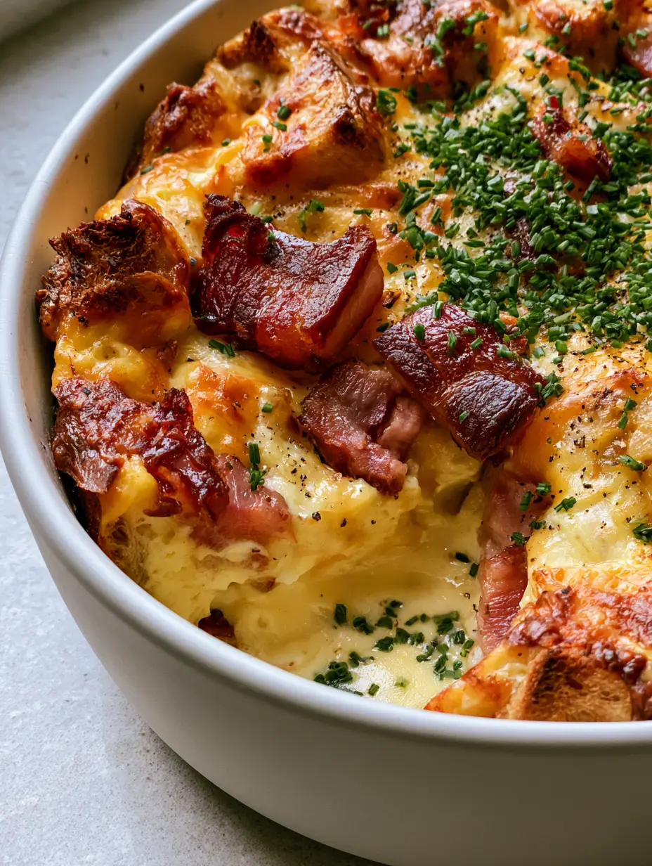 Cheese and Bacon Strata with Sourdough and Gruyère 3 Overhead view of a Cheese and bacon strata showing bubbling cheddar and gruyere with crispy bacon bits.