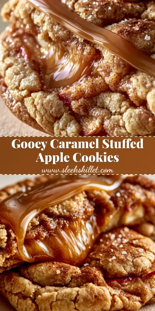 A thick bakery-style Caramel Apple Cookie being pulled apart to reveal a gooey amber caramel center with crimson apple chunks.