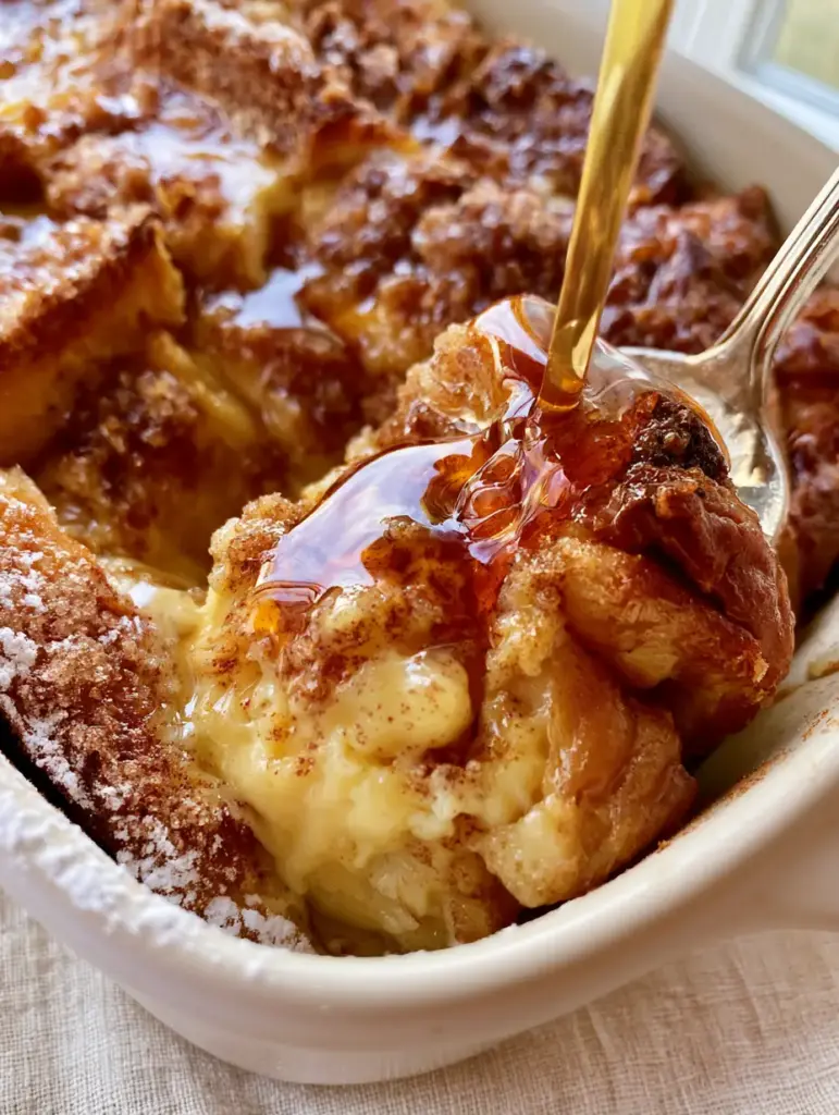A white ceramic baking dish filled with overnight French toast casserole featuring jagged toasted brioche edges and bubbling butter.