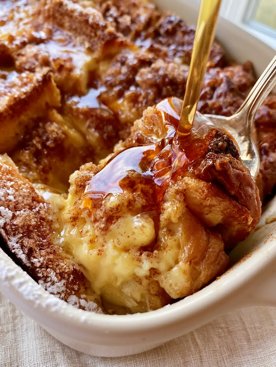 Overnight French Toast Casserole with Buttery Brioche and Cinnamon Streusel 4 A white ceramic baking dish filled with overnight French toast casserole featuring jagged toasted brioche edges and bubbling butter.