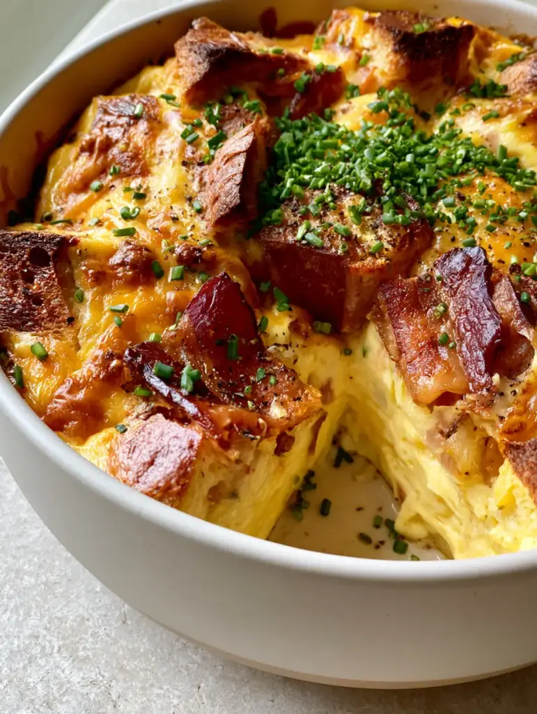 Cheese and Bacon Strata with Sourdough and Gruyère 1 A slice removed from a Cheese and bacon strata revealing a set creamy custard interior and vibrant chives.