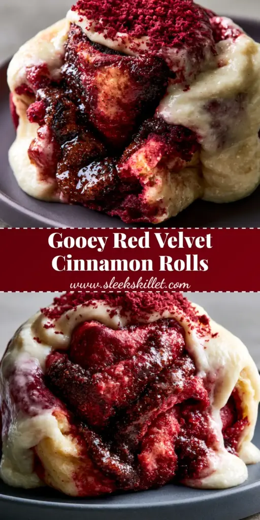 A close-up shot of a freshly baked, warm red velvet cinnamon roll pulled apart to reveal steaming crimson layers and melted brown sugar filling. (red velvet cinnamon rolls)