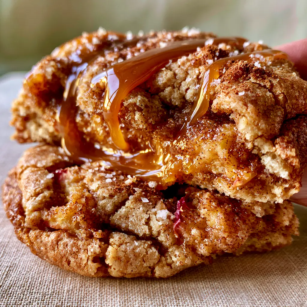 Extreme close-up of Caramel Apple Cookies showing cracked golden-brown texture, cinnamon dust, and glossy drizzle.