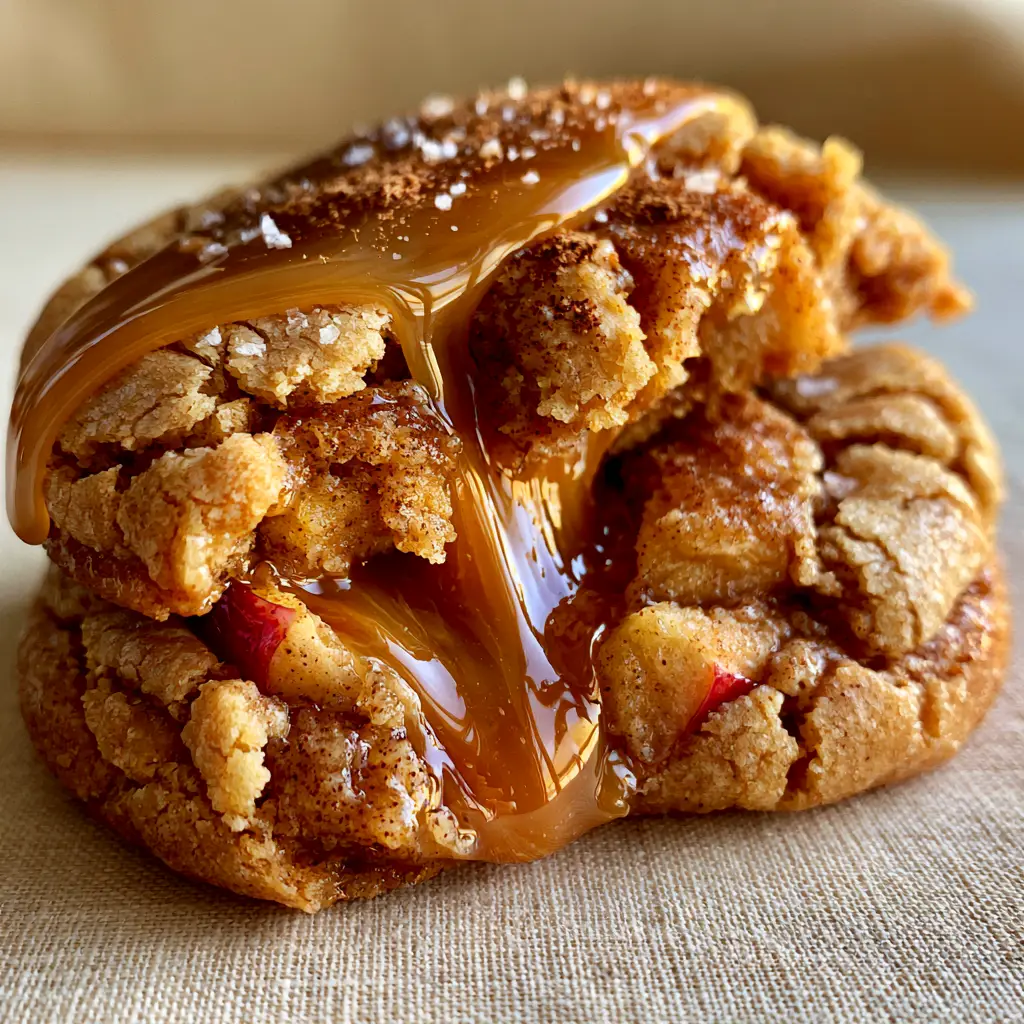 Handheld photo of a thick spiced cookie with visible crimson apple chunks and a translucent caramel drizzle.
