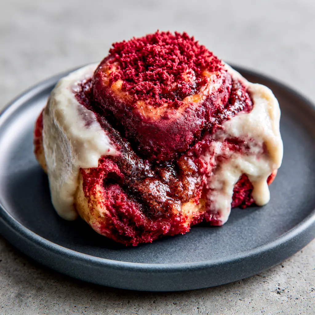 Close-up of a red velvet cinnamon roll on a matte gray plate with glossy white cream cheese glaze. (red velvet cinnamon rolls)