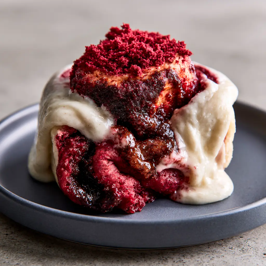 Steaming red velvet cinnamon roll with a dusting of red velvet cake crumbs on top.
