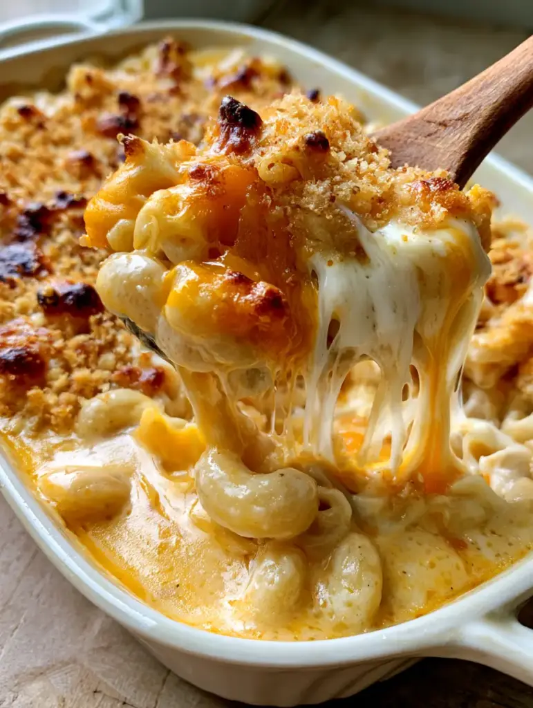 Creamy Baked Macaroni and Cheese with the Ultimate Cheese Pull 2 Extreme close-up of Creamy Baked Macaroni and Cheese bubbling in a white ceramic dish with toasted breadcrumbs.