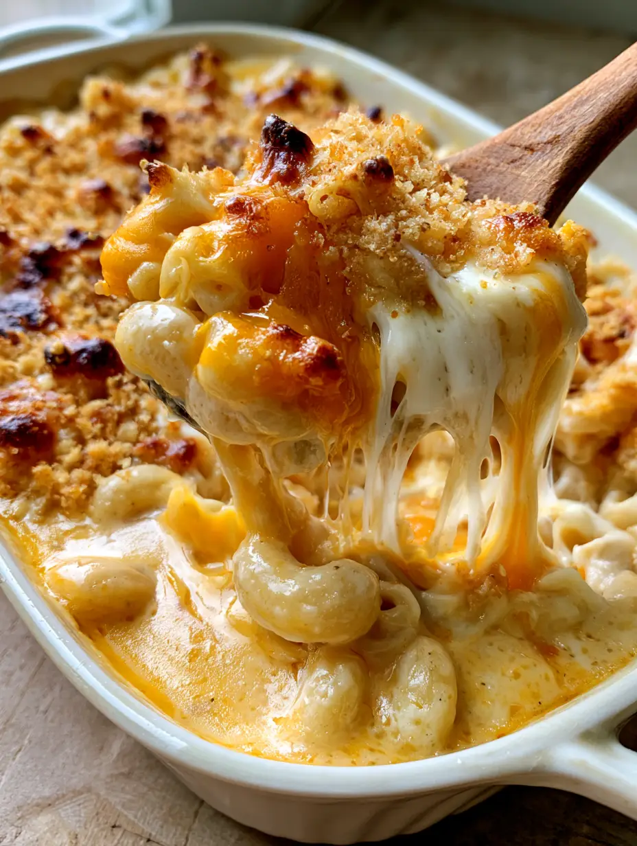 Creamy Baked Macaroni and Cheese with the Ultimate Cheese Pull 4 Extreme close-up of Creamy Baked Macaroni and Cheese bubbling in a white ceramic dish with toasted breadcrumbs.