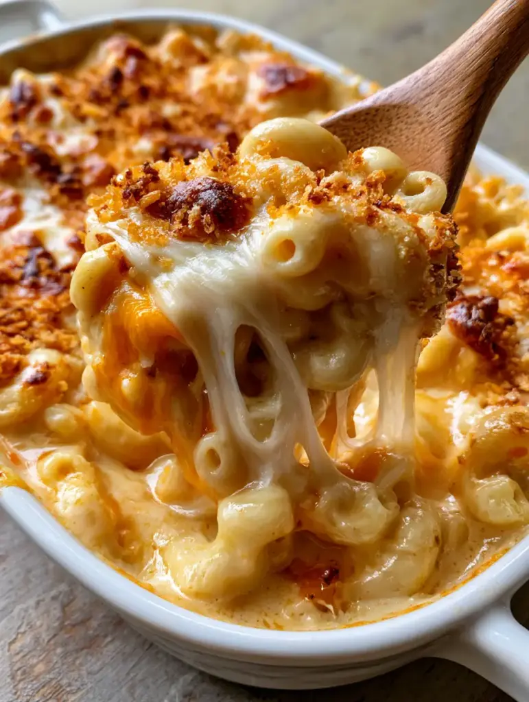 Creamy Baked Macaroni and Cheese with the Ultimate Cheese Pull 1 A wooden spoon lifting Creamy Baked Macaroni and Cheese showing the thick liquid-gold sauce and steam.