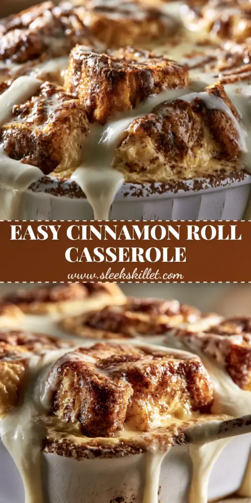 A close-up vertical shot of Cinnamon Roll Casserole with thick cream cheese glaze drips and golden-brown edges in a white dish.