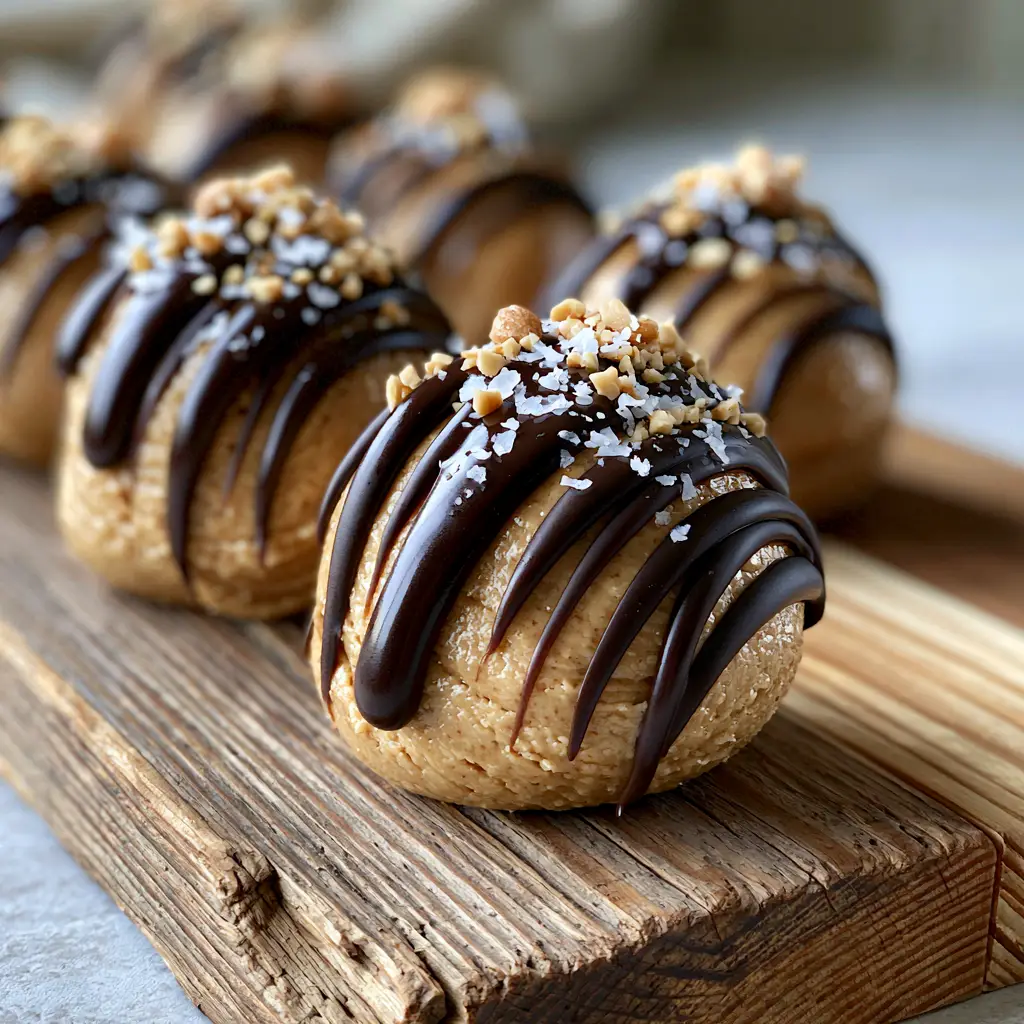 Close-up of three-ingredient peanut butter balls with dark chocolate drizzle and crushed peanuts. (peanut butter balls)