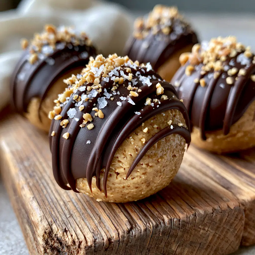 Handheld photo showing the glossy texture of melted dark chocolate on smooth peanut butter balls.