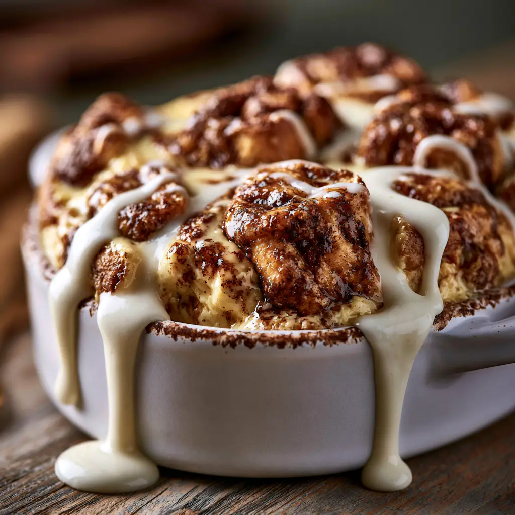 A rustic white baking dish filled with Cinnamon Roll Casserole featuring thick glaze drips and a rich egg custard base.