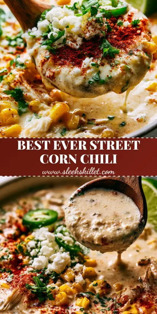 A wooden ladle scooping creamy Street Corn Chicken Chili with charred corn, cotija cheese, and smoked paprika from a matte white bowl.