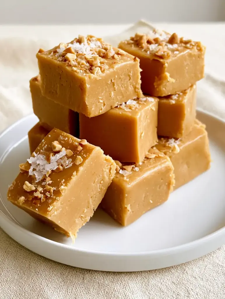 Close up of creamy golden-beige peanut butter fudge squares showcasing a smooth matte texture. (peanut butter fudge)