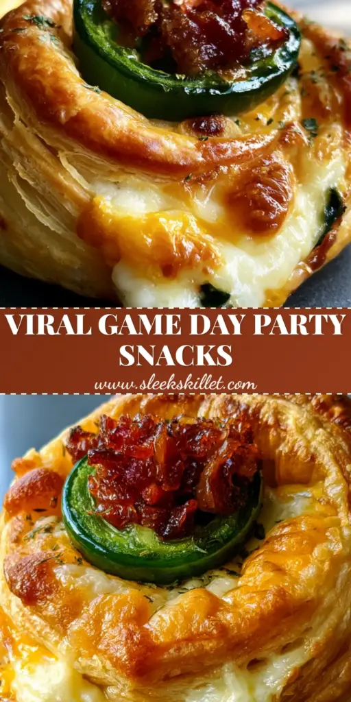 A close-up of a golden brown, spiraled puff pastry appetizer with a jalapeño and bacon center. (game day food)