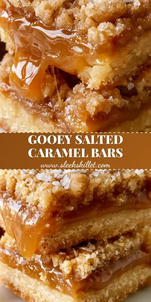 Salted Caramel Butter Bars with Gooey Amber Filling 4 A stack of Salted Caramel Butter Bars on white marble with thick molten amber caramel oozing down the sides and large Maldon salt flakes on top.