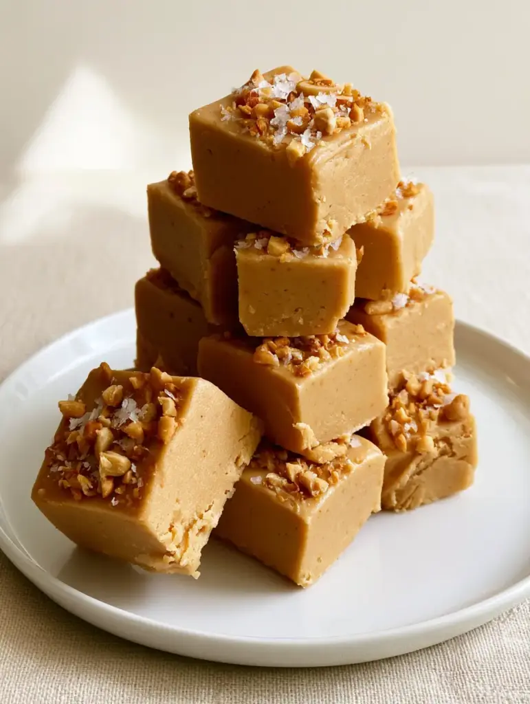 Peanut Butter Fudge: The Ultimate Thick-Cut Creamy Recipe 1 A handheld shot of peanut butter fudge garnished with flaky sea salt on a minimalist white ceramic plate.