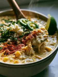 Close up photo of Street Corn Chicken Chili showing the thick ivory broth and shredded chicken texture.