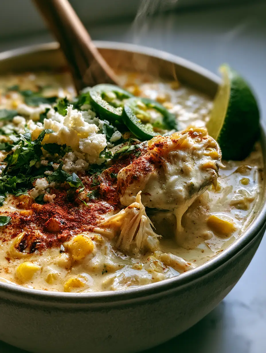Close up photo of Street Corn Chicken Chili showing the thick ivory broth and shredded chicken texture.