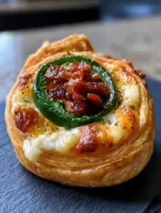 A handheld smartphone photo of a golden brown flaky puff pastry spiral revealing layers of cheddar cheese. (game day food)
