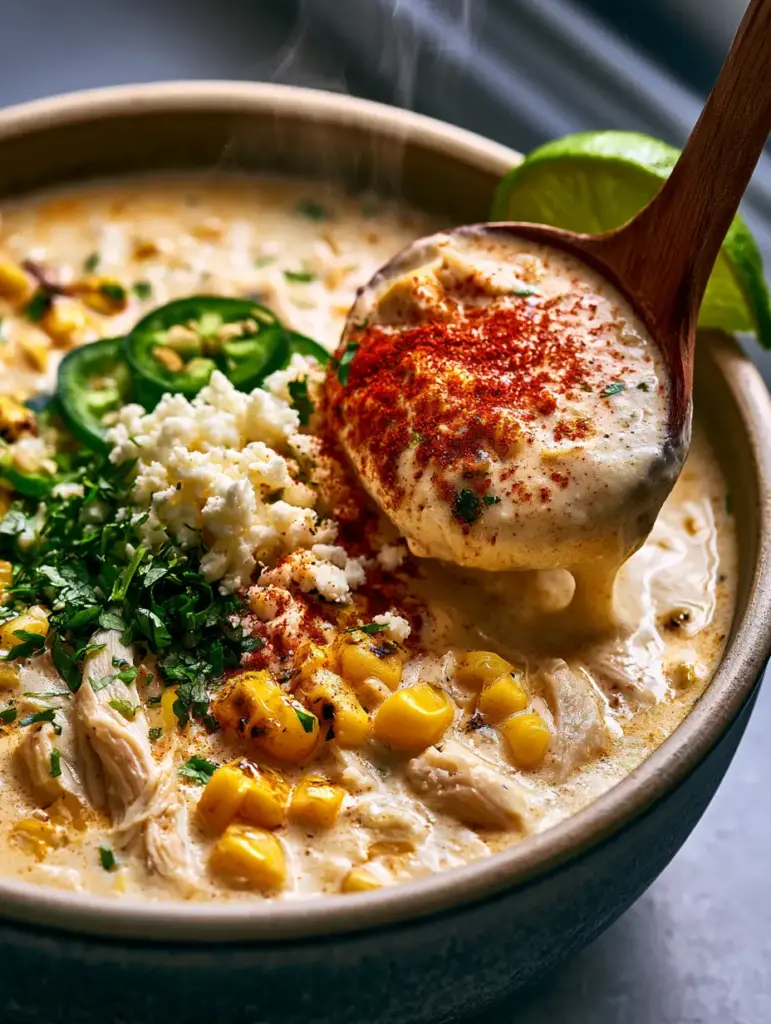Street Corn Chicken Chili garnished with fresh cilantro, lime wedges, and sliced jalapeños in a white ceramic pot.