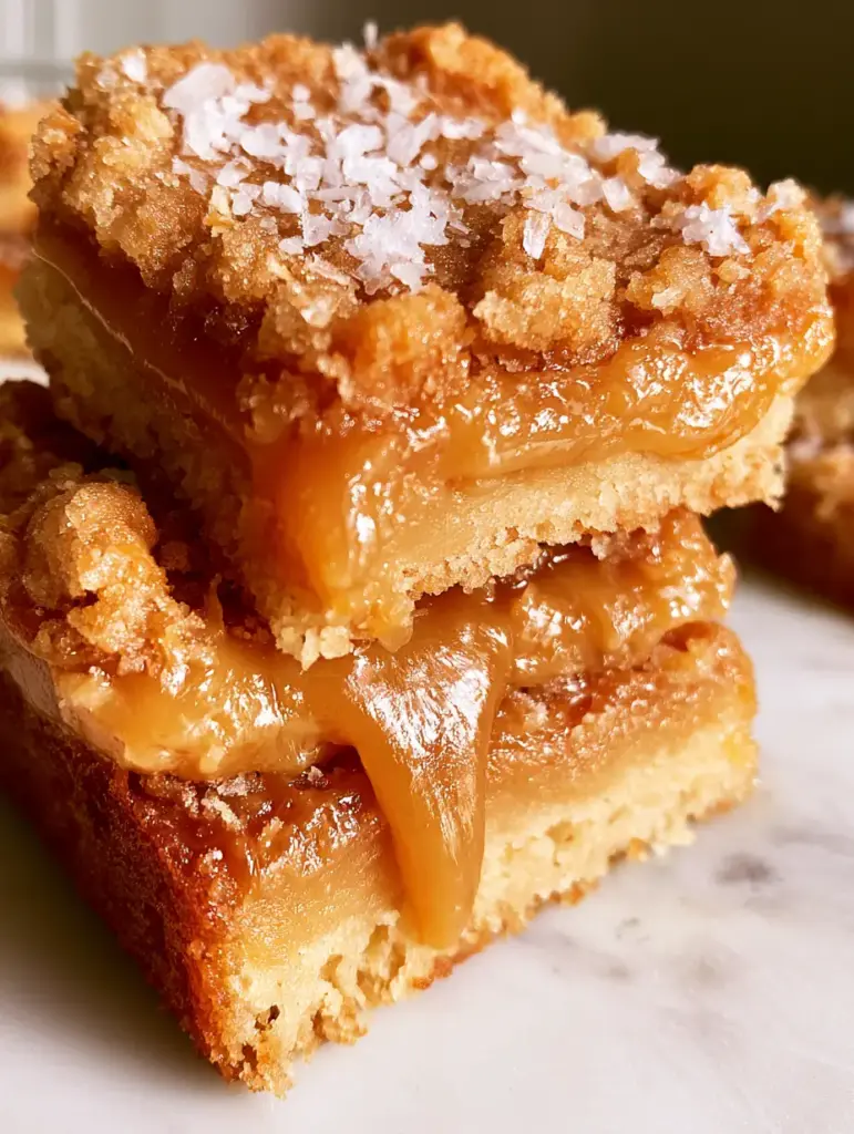 Extreme close-up macro shot of Salted Caramel Butter Bars showing the rustic golden-brown crumble and overflowing ribbon of gooey caramel.