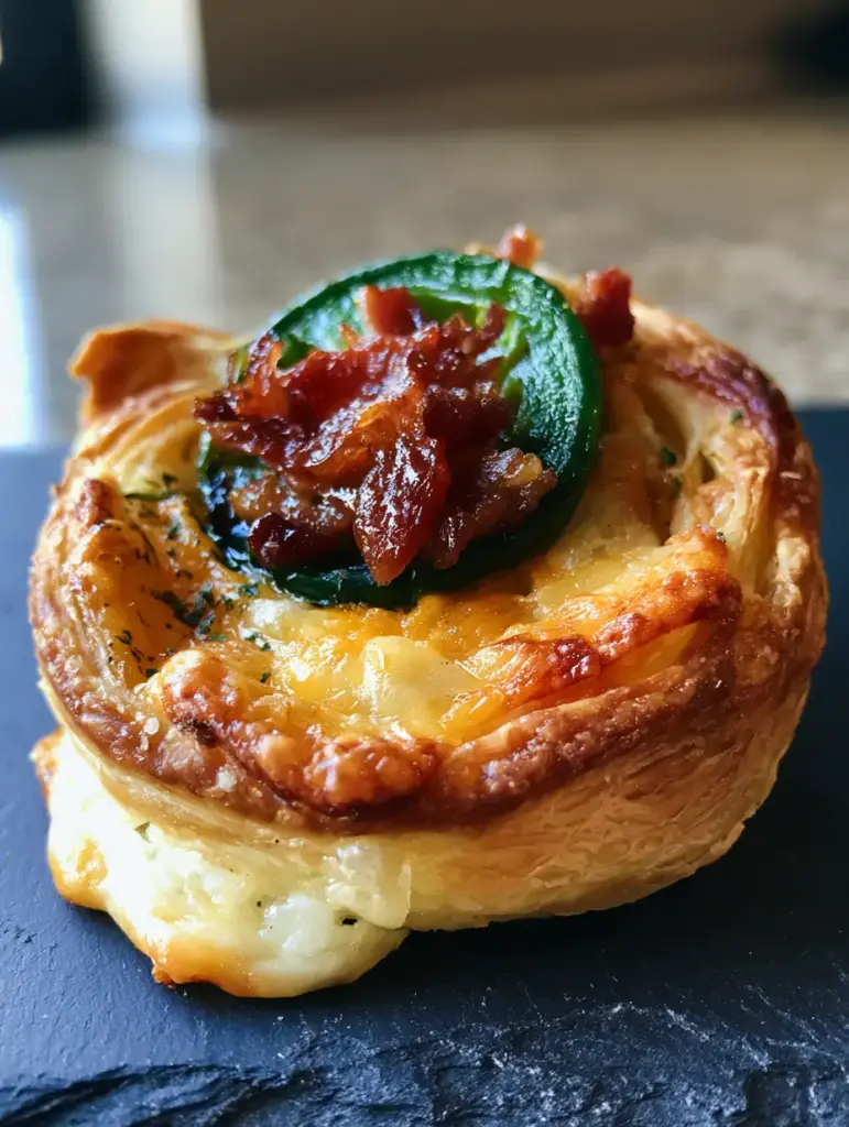 Detailed shot of melted sharp cheddar and crispy thick-cut bacon crumbles on a pastry appetizer.