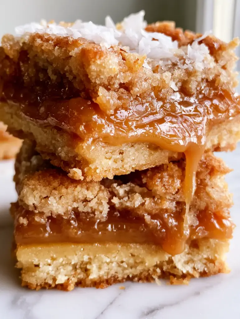 Salted Caramel Butter Bars with Gooey Amber Filling 1 A tilted Salted Caramel Butter Bar revealing the gooey interior texture and golden-toasted shortbread crust foundation.