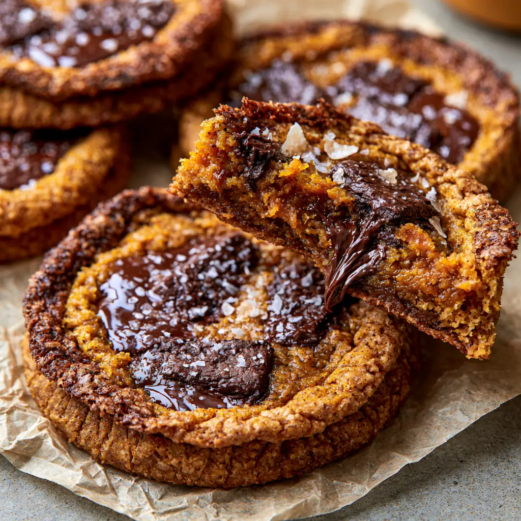 Close up of a broken pumpkin chocolate chip cookie showing a bendy, moist cross-section and gooey chocolate pull.
