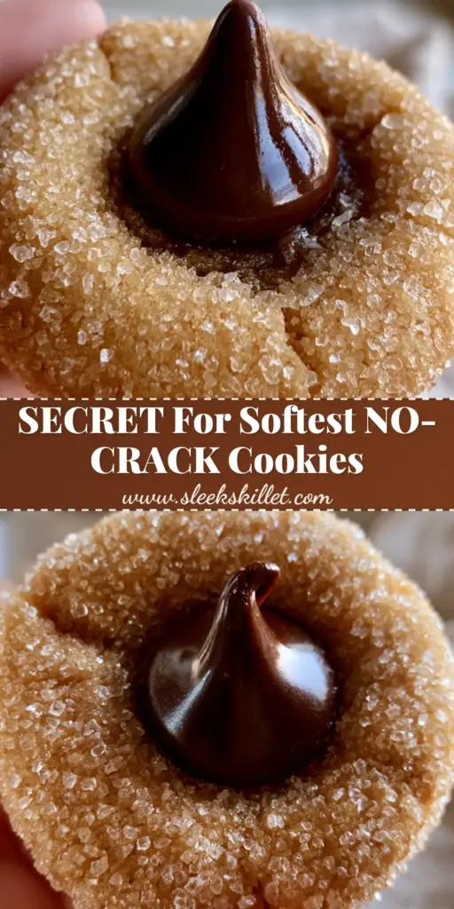 Peanut butter blossoms: The Ultimate Pillowy, Crack-Free Recipe 4 A close-up of a perfectly soft peanut butter blossom cookie with a shimmering sugar coating and a glossy chocolate kiss in the center, held by a person.