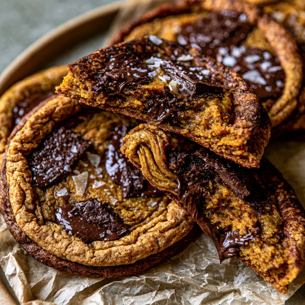 Pumpkin Chocolate Chip Cookies: The Ultimate Bakery-Style Chewy Recipe 1 Bakery-style pumpkin chocolate chip cookies on crumpled parchment paper with glistening pools of dark chocolate chunks.