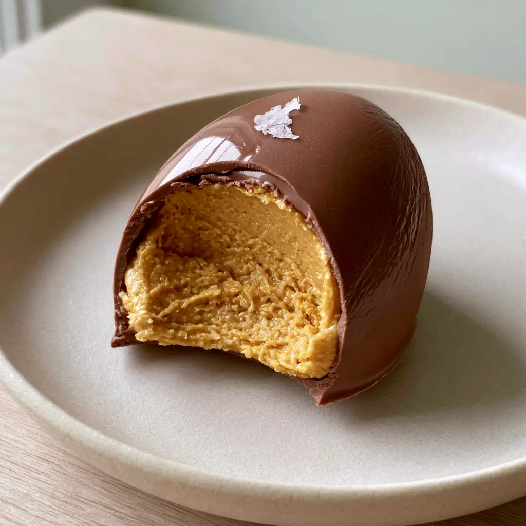 Handheld photo of a Peanut Butter Egg featuring a creamy peanut butter filling and smooth milk chocolate coating.