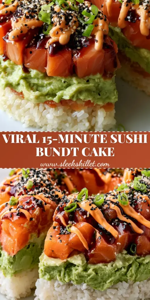 Sushi Bundt Cake Recipe: The Ultimate Show-Stopping Salmon Stack 4 A professional food photography shot of a sushi bundt cake with salmon, avocado, and rice layers on a white platter. (sushi bundt cake)